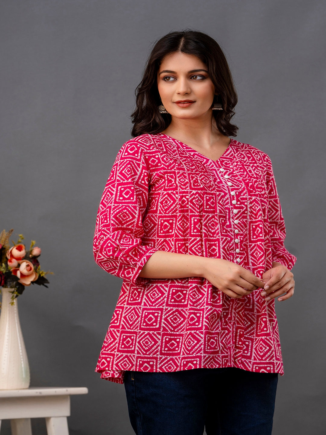 Printed 3/4 Sleeves Regular Pure Cotton Top