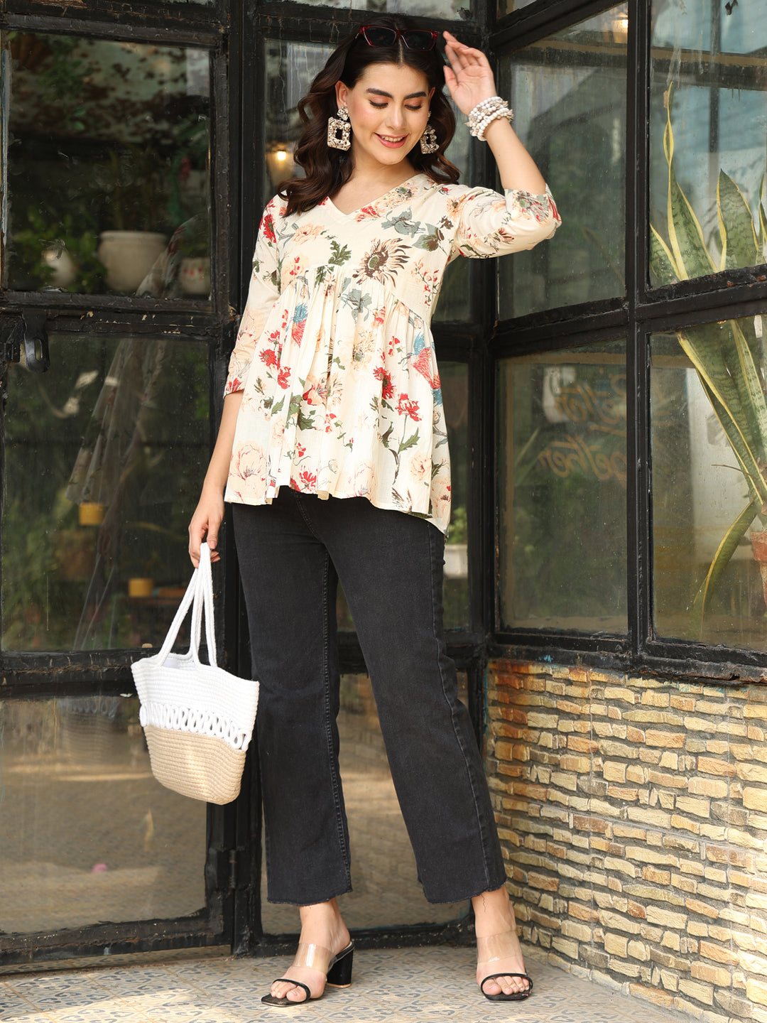 Printed 3/4 Sleeves Regular Pure Cotton Top