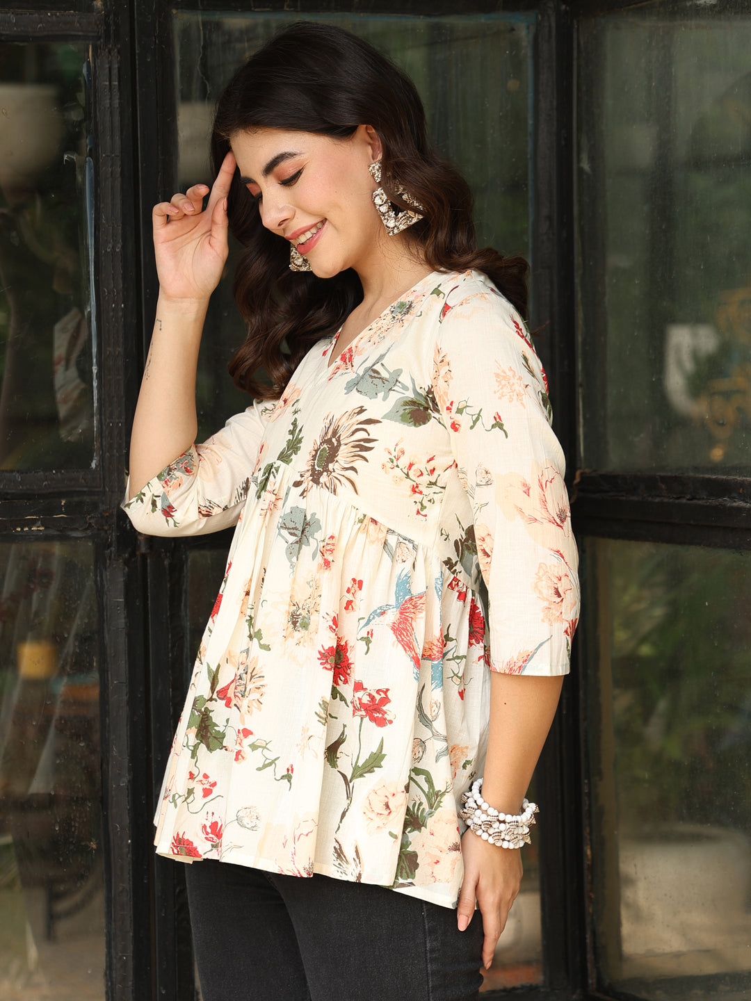 Printed 3/4 Sleeves Regular Pure Cotton Top