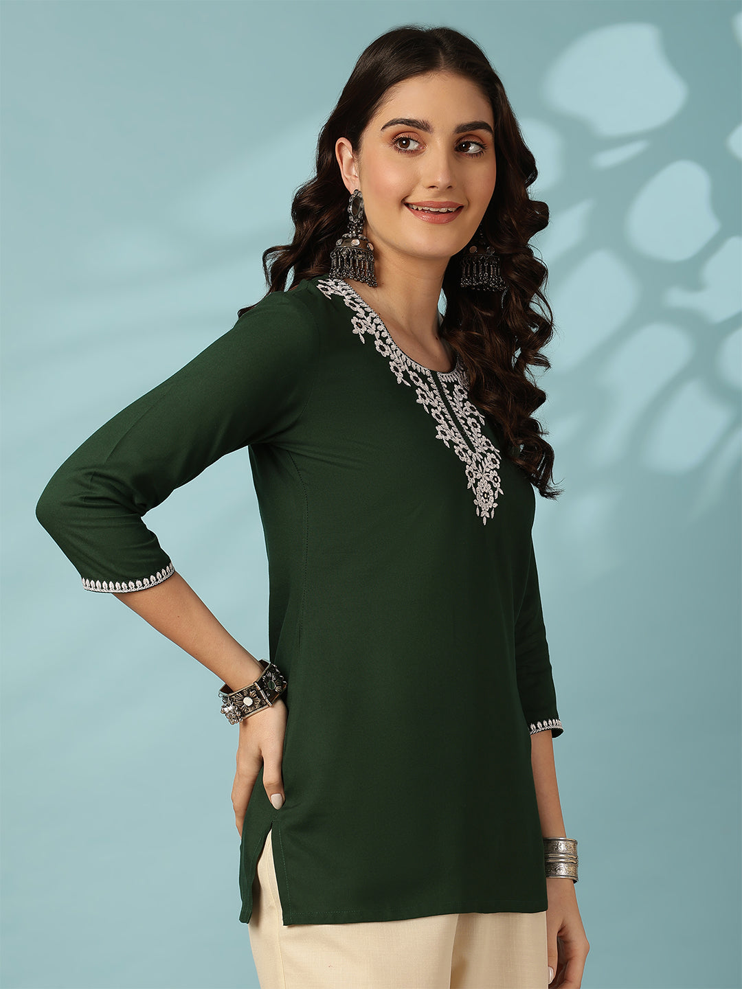 Green Embroidered Viscose Rayon Top
