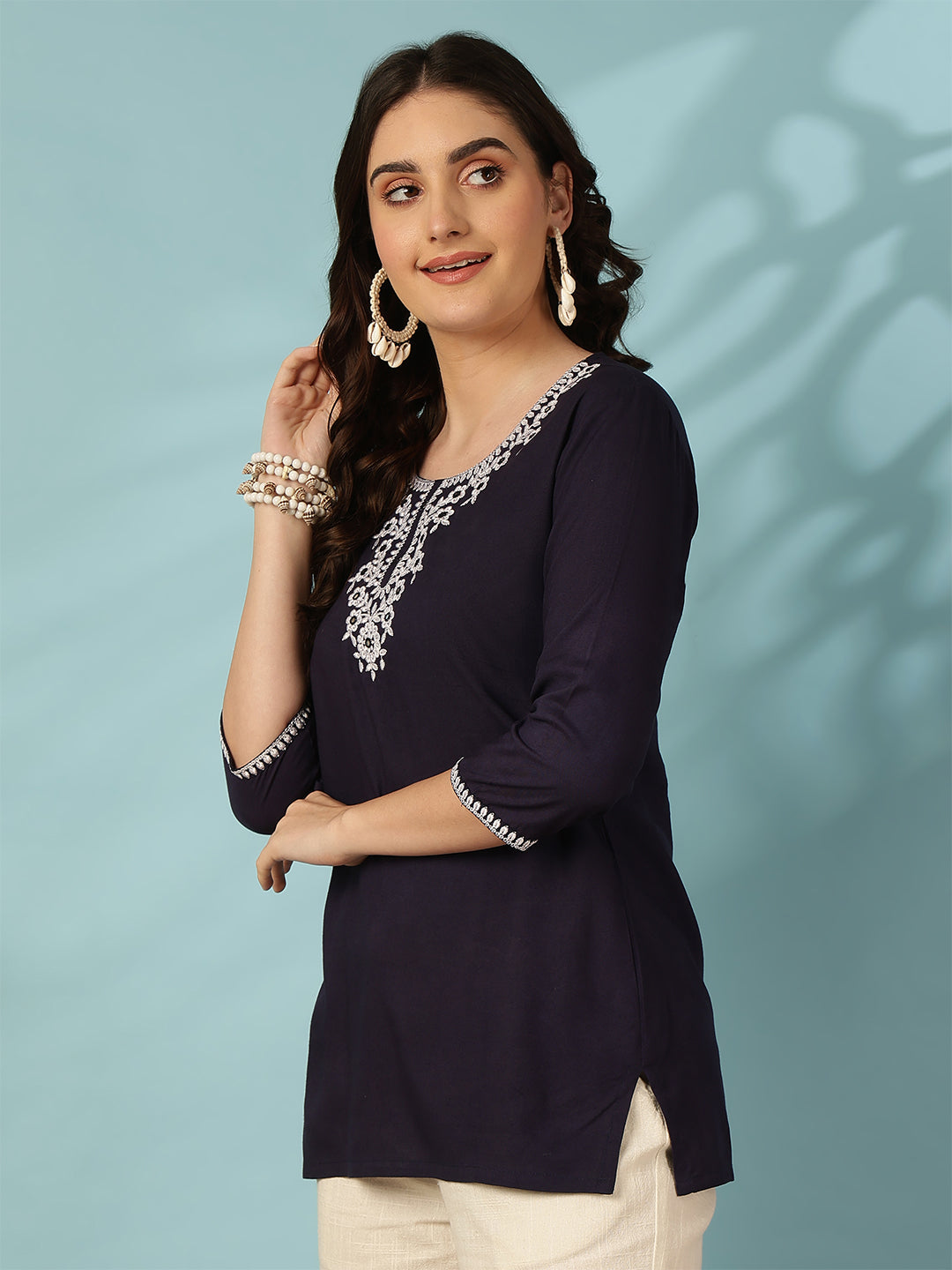Navy Blue Embroidered Viscose Rayon Top