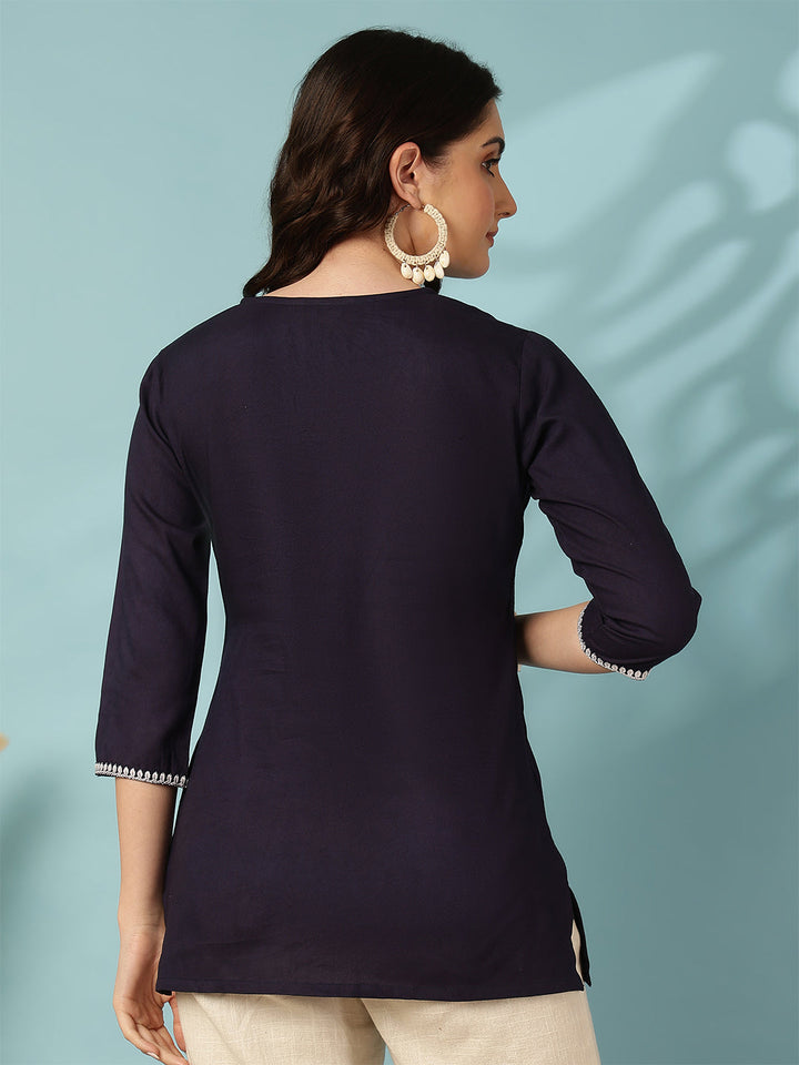Navy Blue Embroidered Viscose Rayon Top