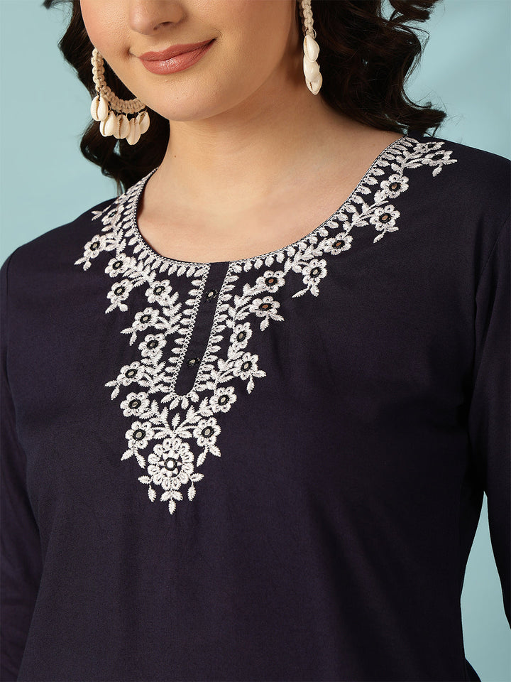 Navy Blue Embroidered Viscose Rayon Top