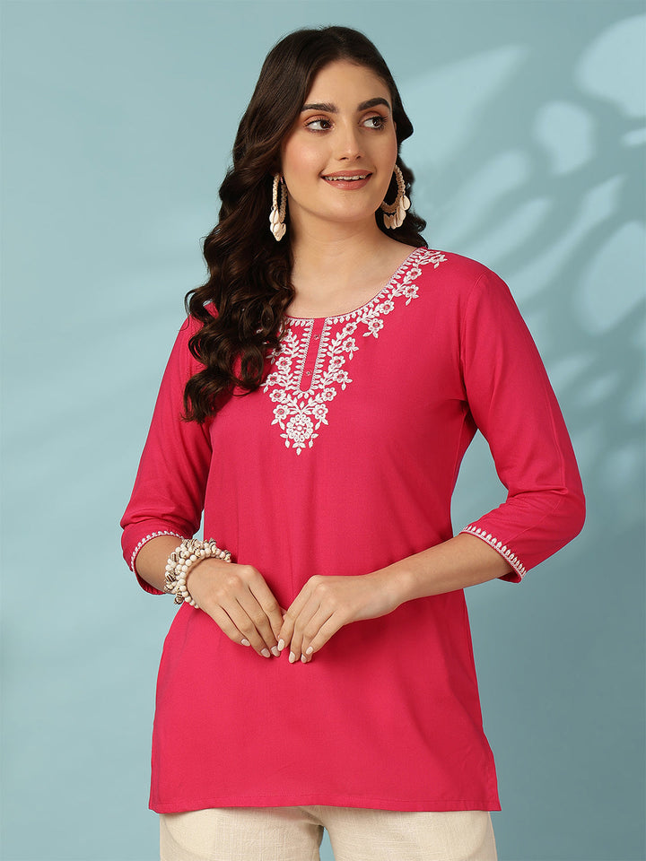 Pink Embroidered Viscose Rayon Top