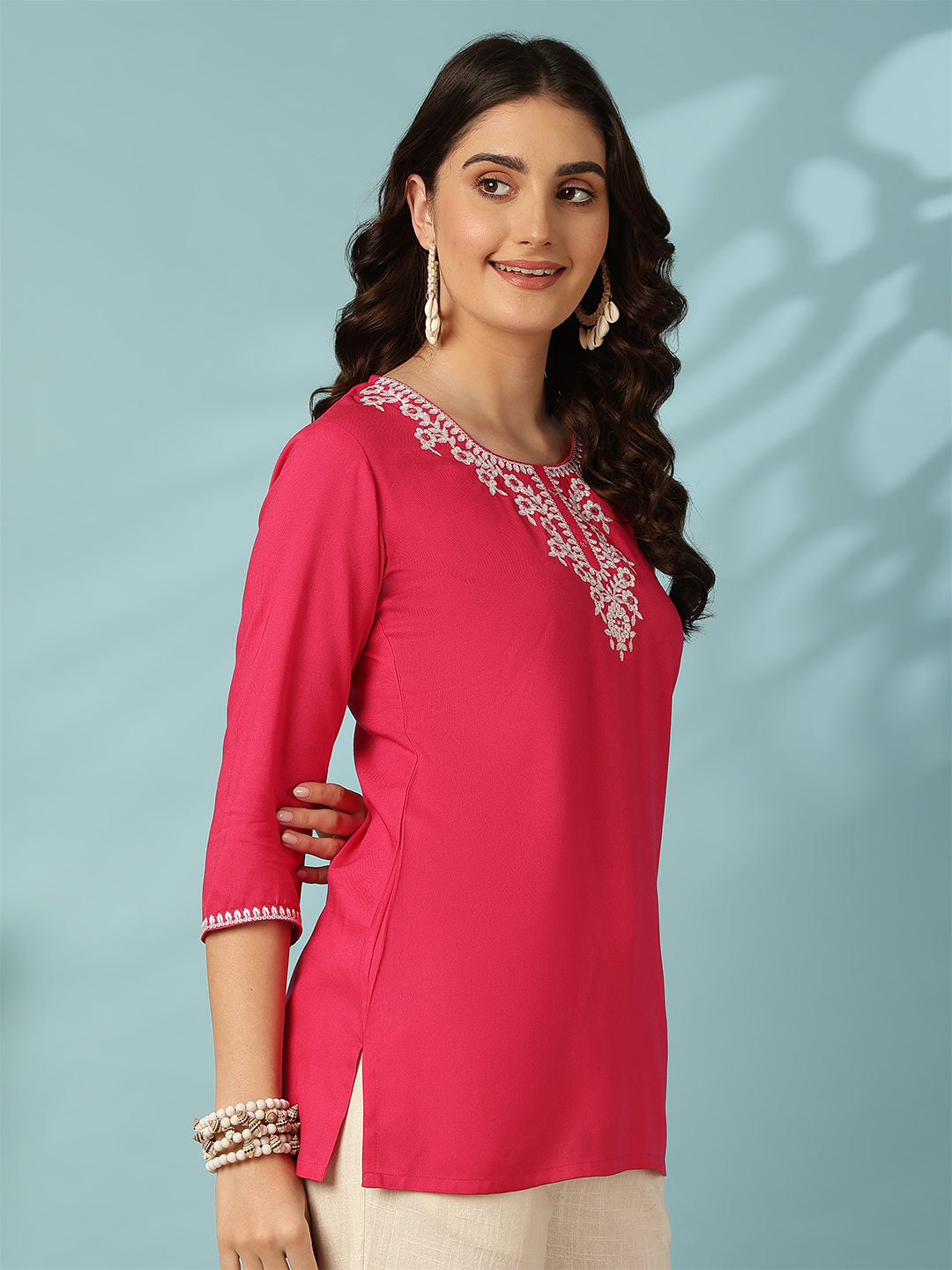 Pink Embroidered Viscose Rayon Top