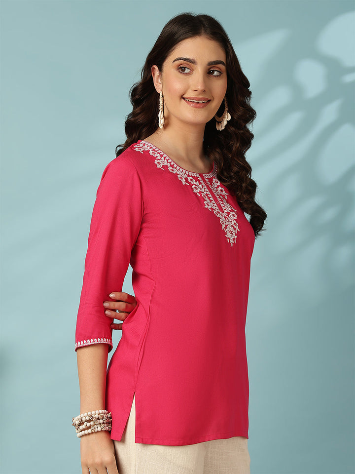 Pink Embroidered Viscose Rayon Top