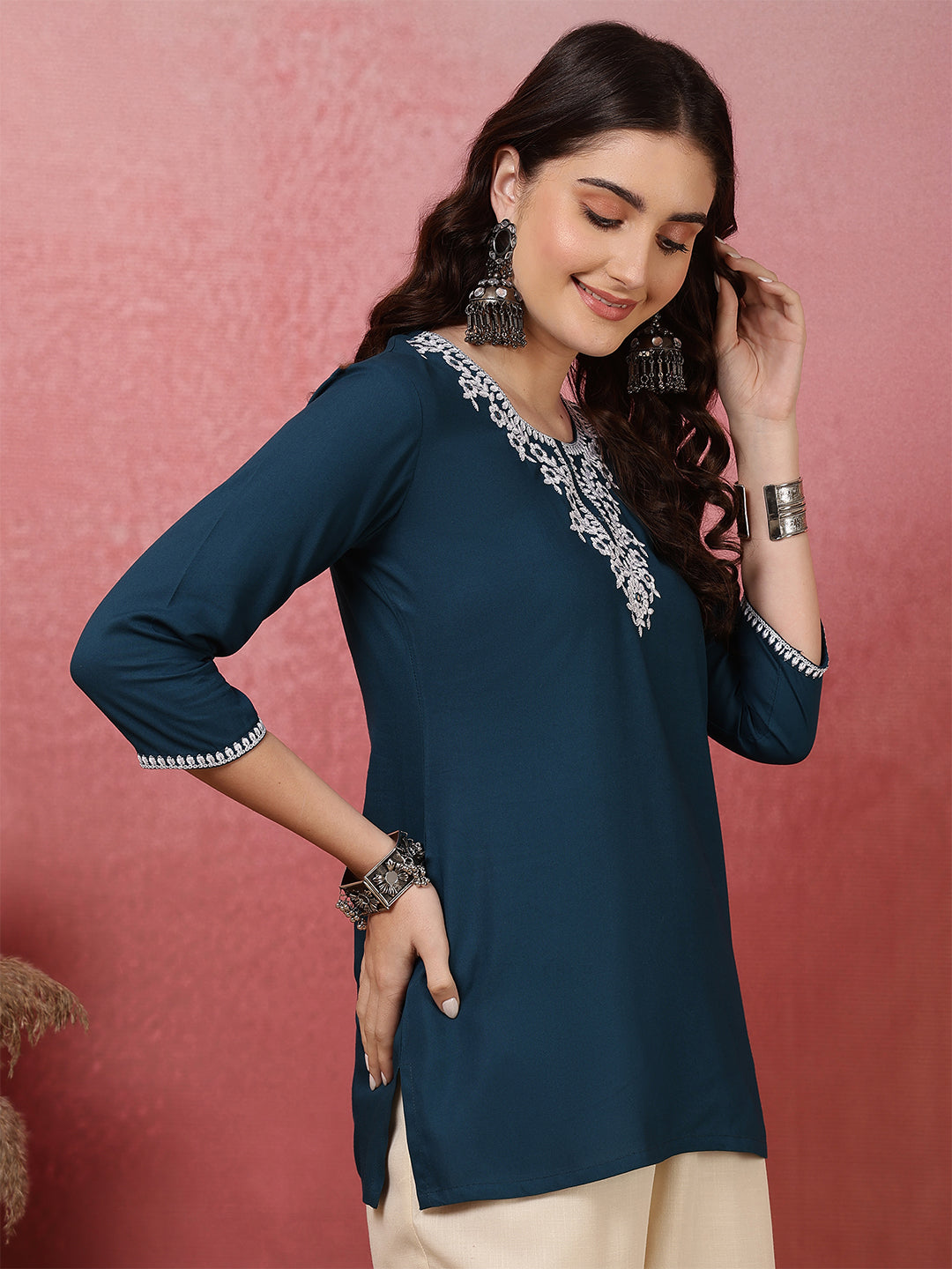 Teal Embroidered Viscose Rayon Top