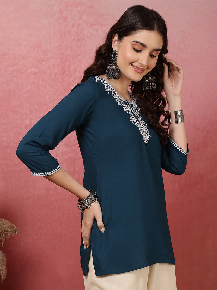 Teal Embroidered Viscose Rayon Top