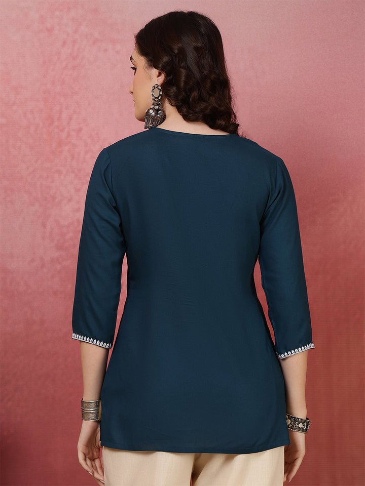 Teal Embroidered Viscose Rayon Top