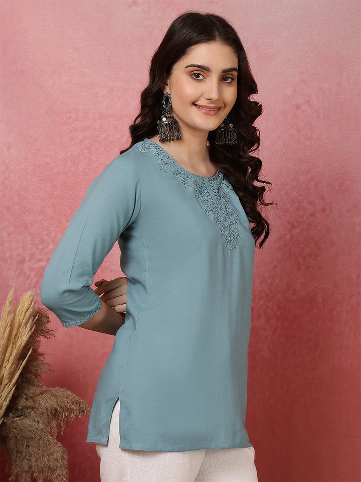 Grey Embroidered Viscose Rayon Top