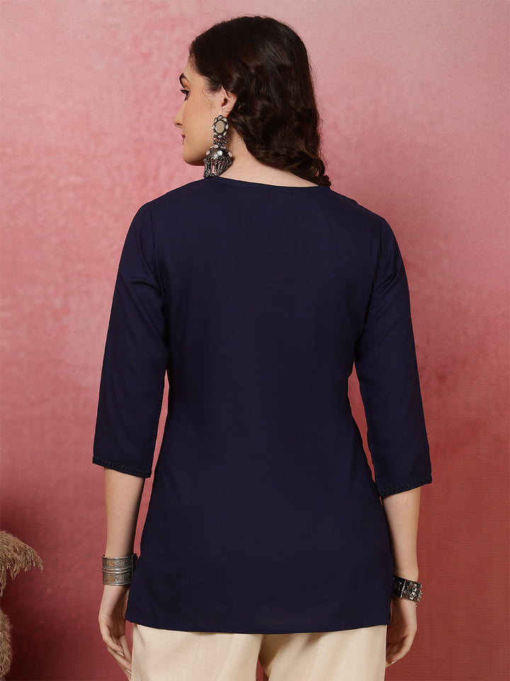 Navy Blue Embroidered Viscose Rayon Top