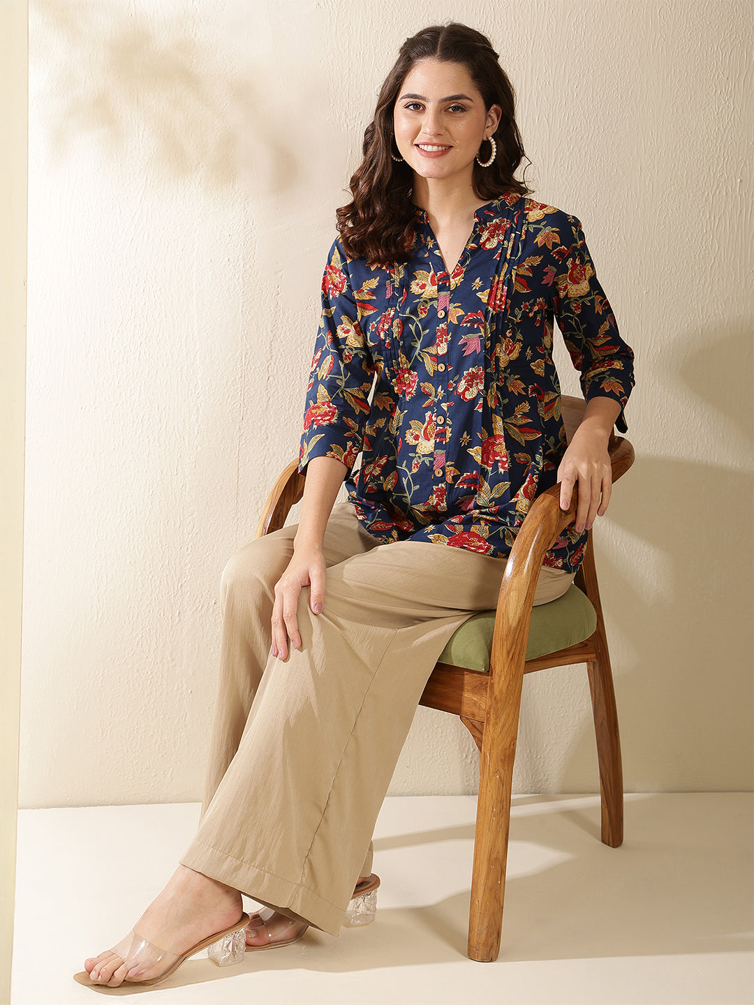 Floral Print Mandarin Collor Top