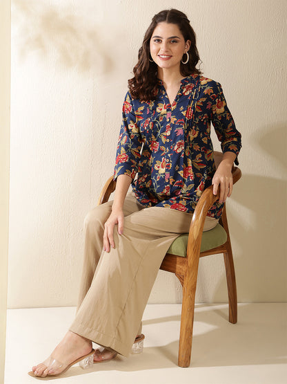 Floral Print Mandarin Collor Top