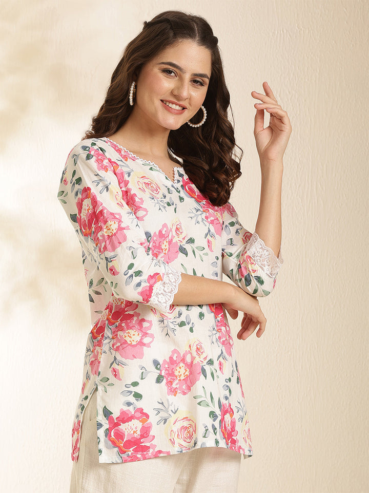 Floral Print V-Neck With Lace Trim Top