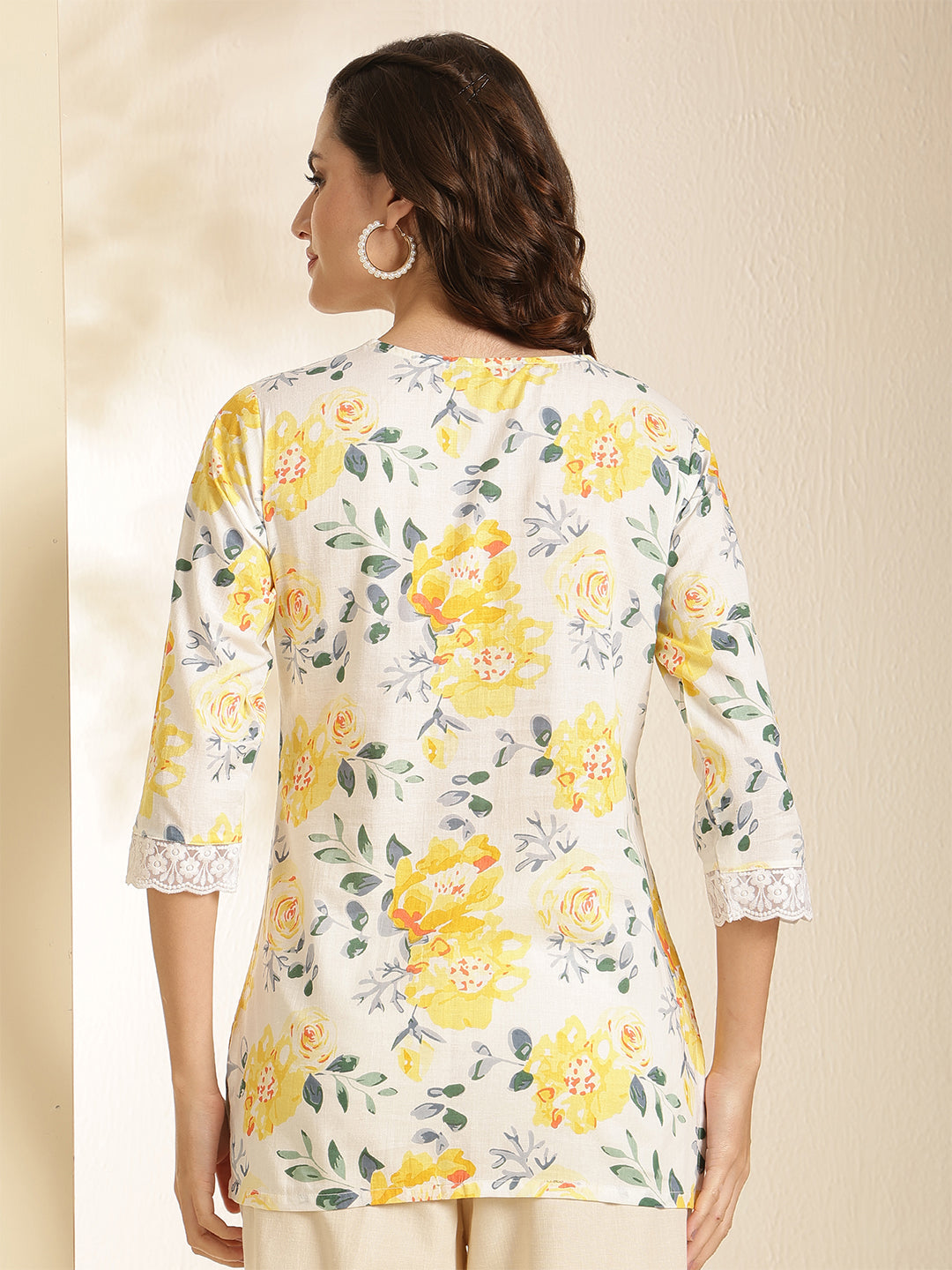 Floral Print V-Neck With Lace Trim Top