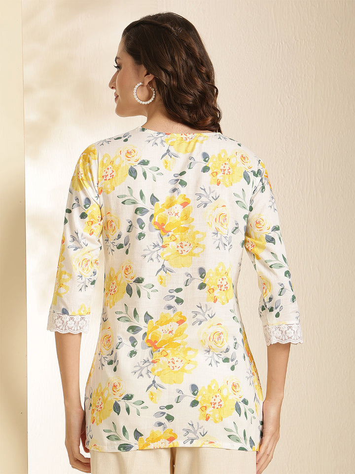 Floral Print V-Neck With Lace Trim Top