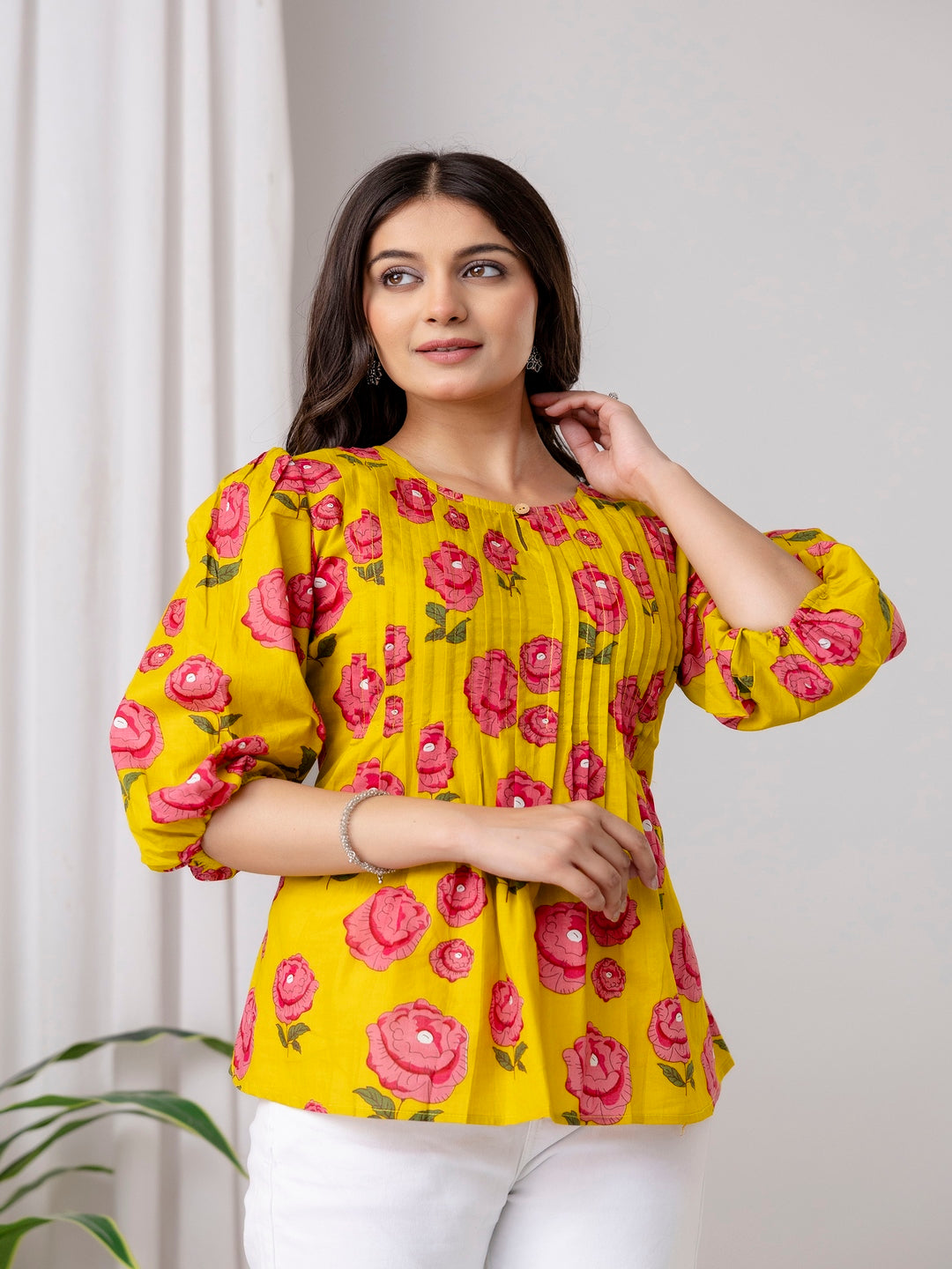 Yellow Top with Pink Floral Prints