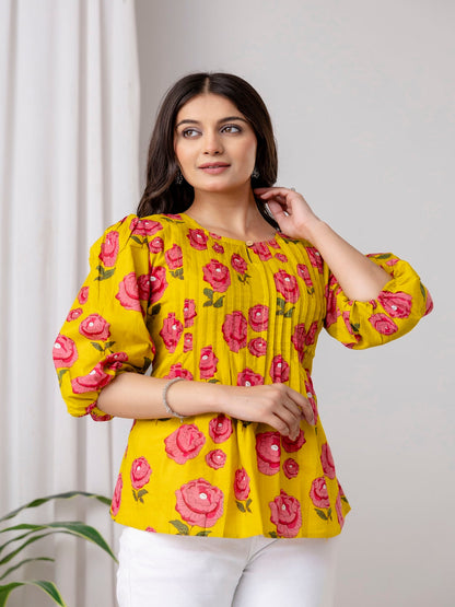 Yellow Top with Pink Floral Prints