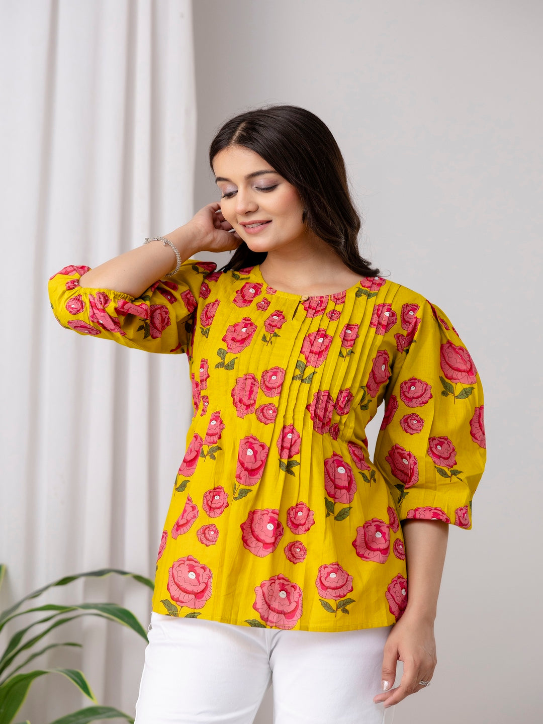 Yellow Top with Pink Floral Prints