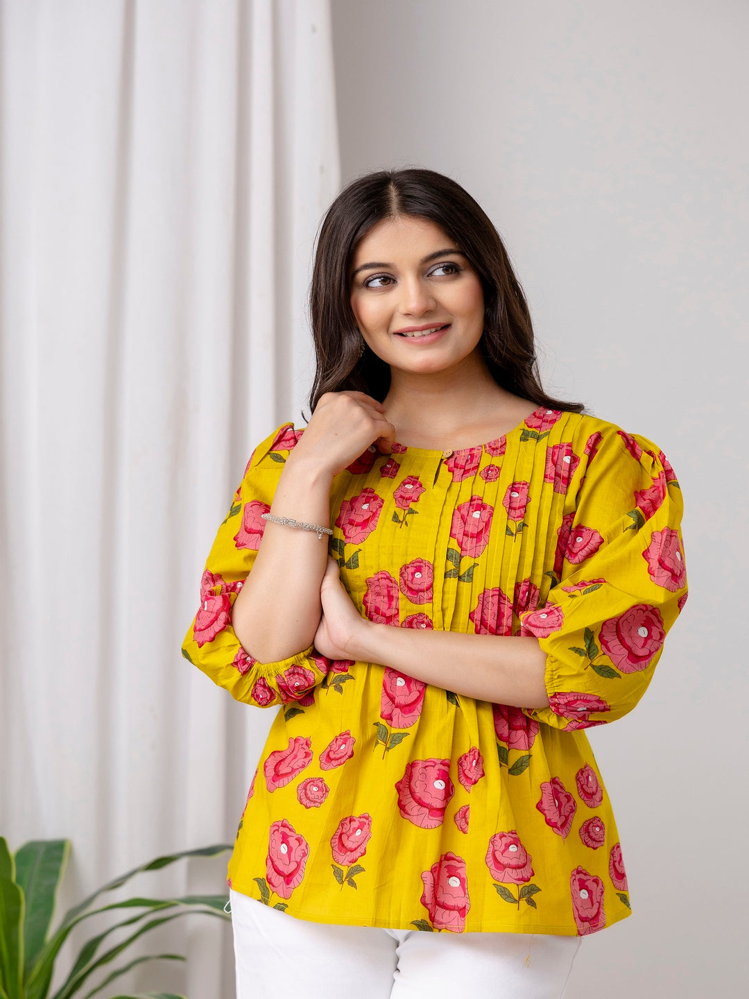 Yellow Top with Pink Floral Prints