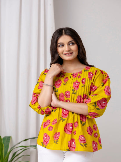Yellow Top with Pink Floral Prints