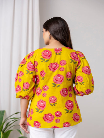 Yellow Top with Pink Floral Prints