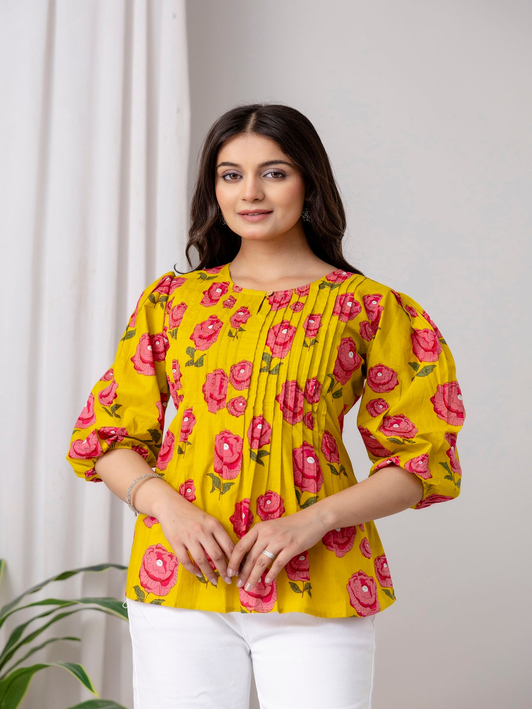 Yellow Top with Pink Floral Prints