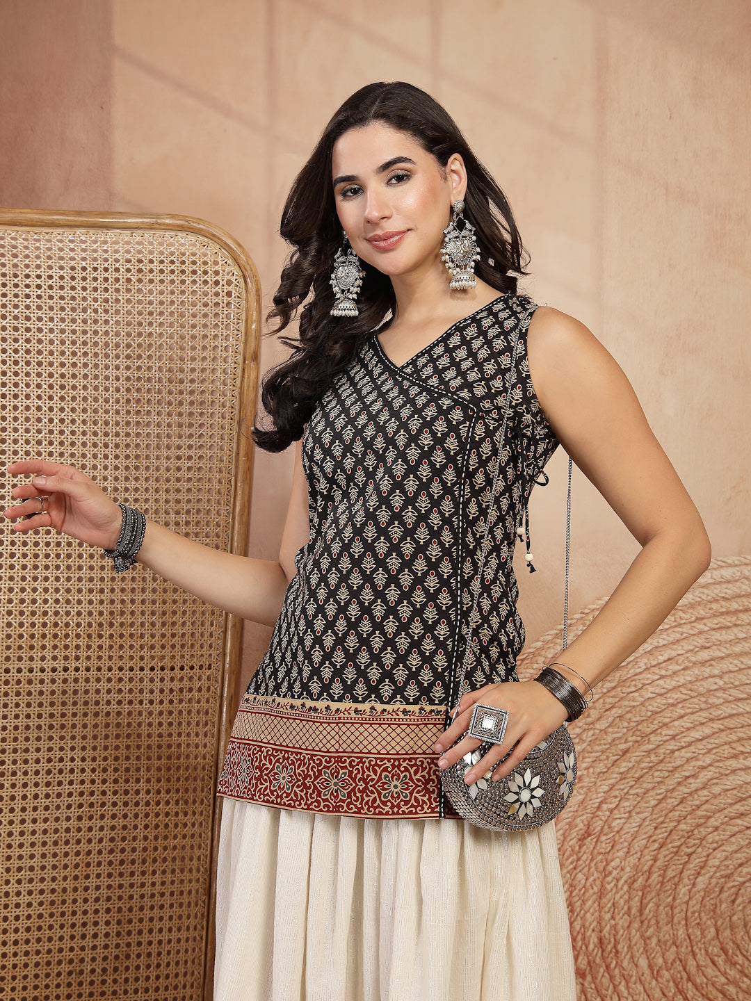 Printed Sleeveless Angarkha Top