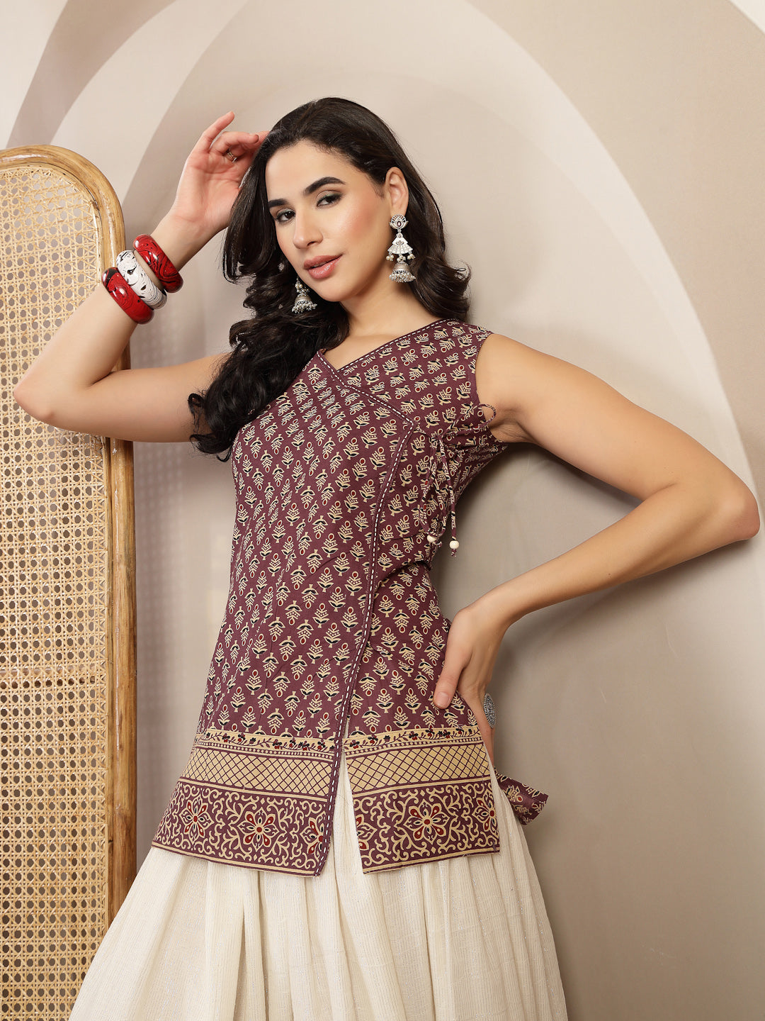 Printed Sleeveless Angarkha Top