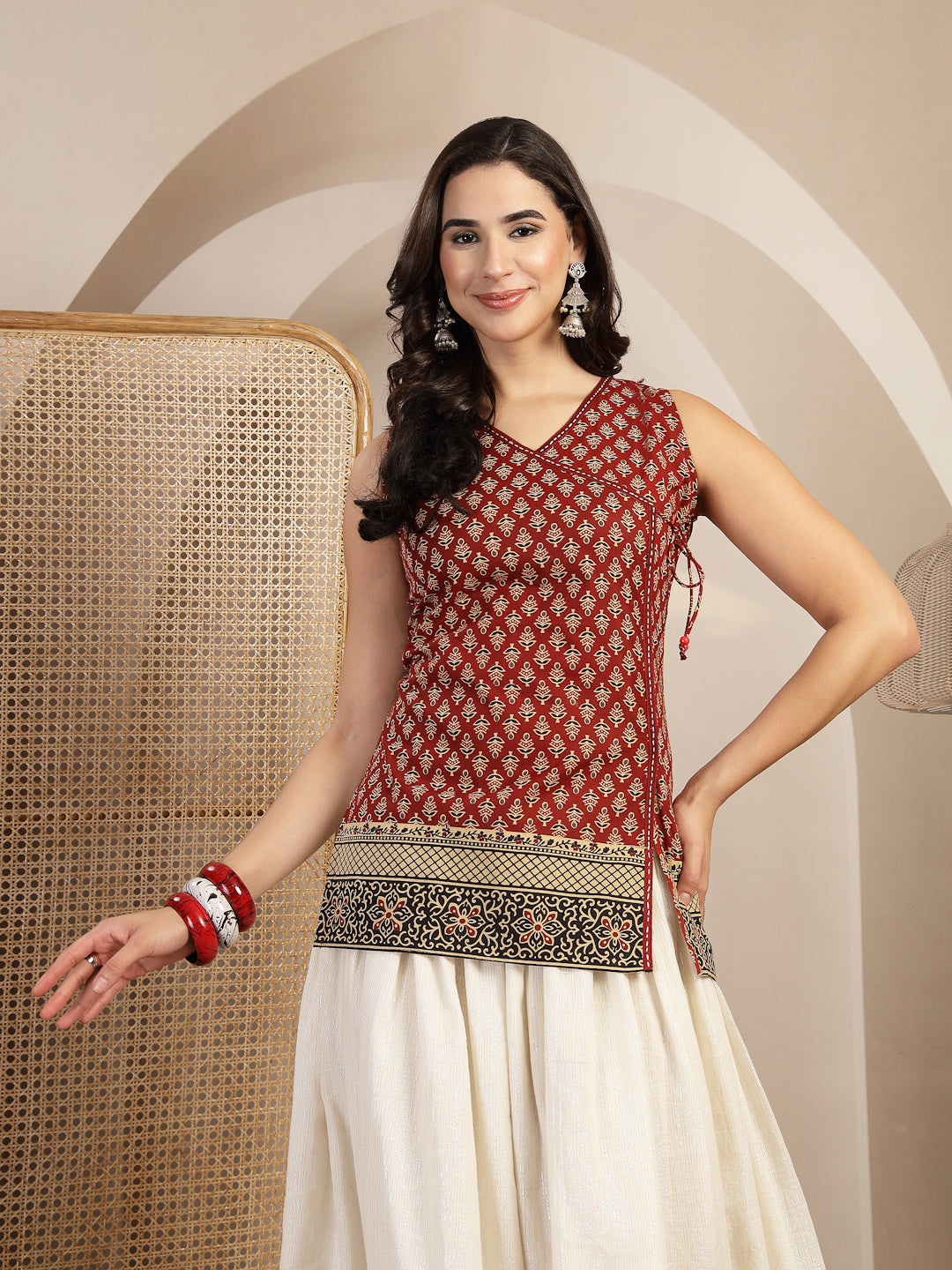 Printed Sleeveless Angarkha Top