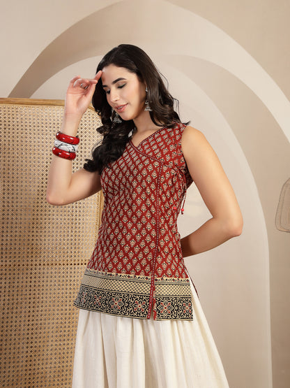Printed Sleeveless Angarkha Top