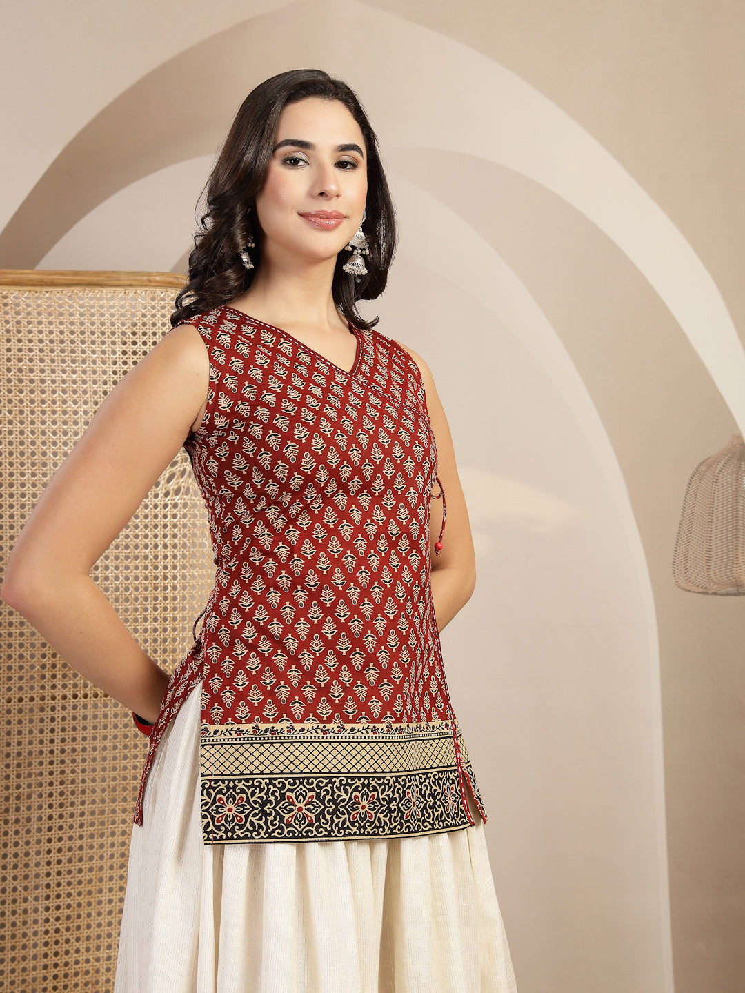 Printed Sleeveless Angarkha Top