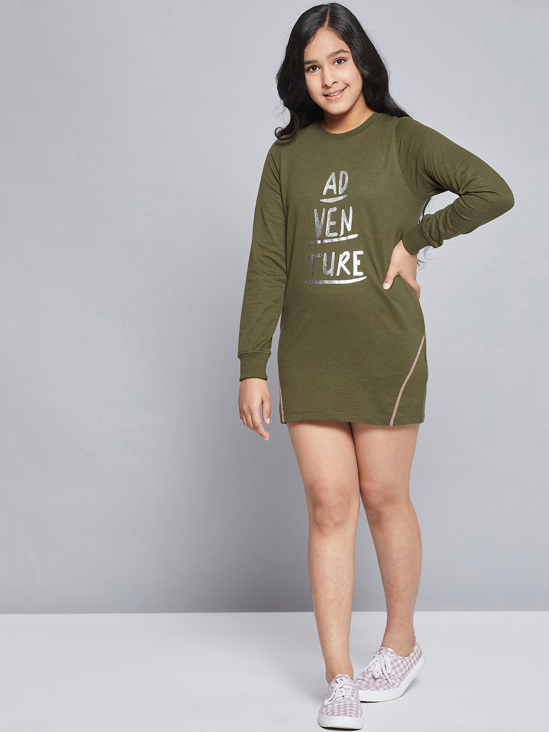 Girls Olive Terry ADVENTURE Sweat Dress
