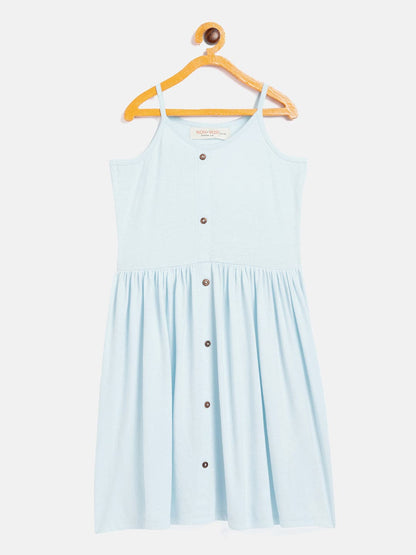 Girls Blue Front Button Strappy Dress