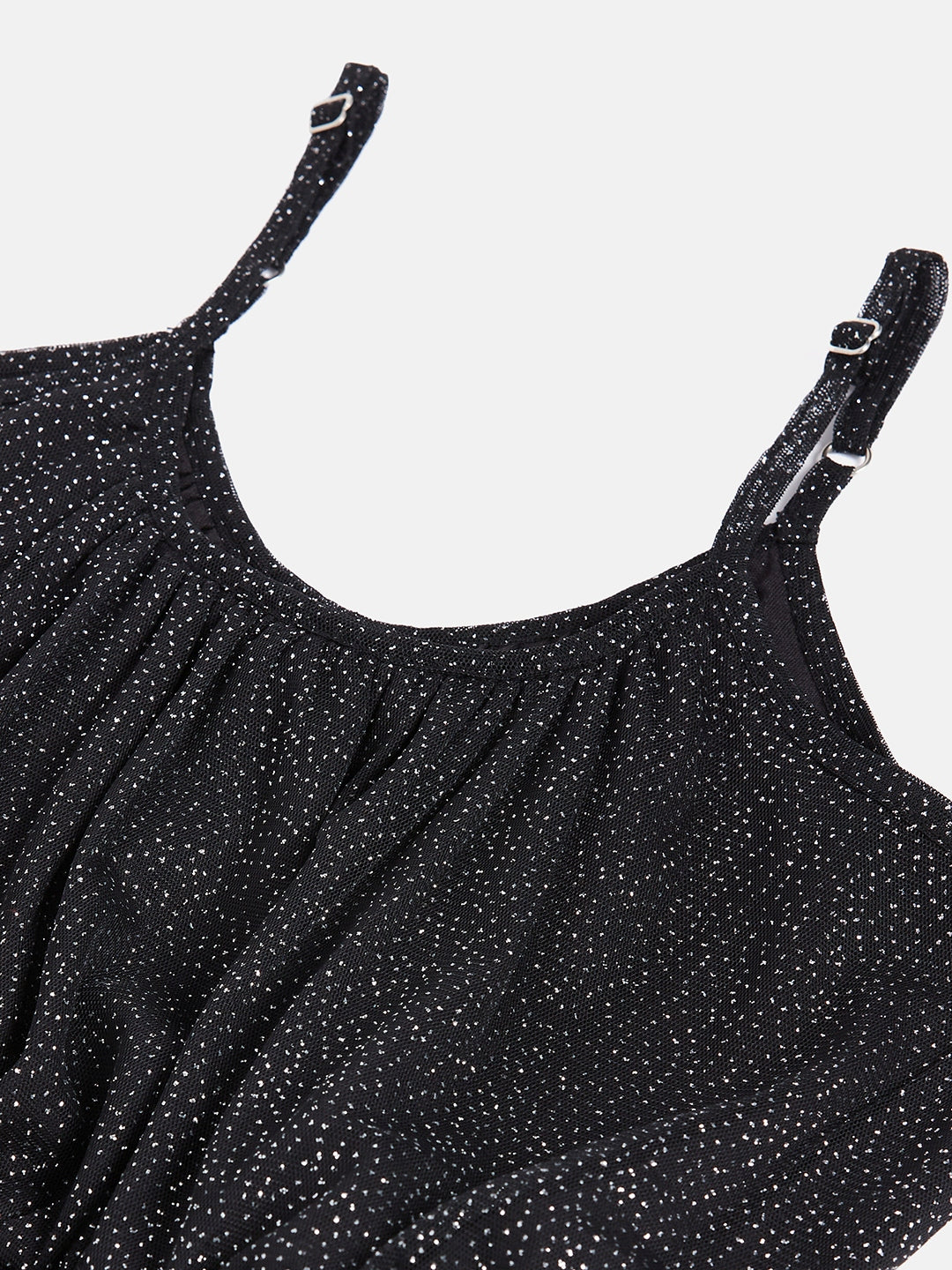 Girls Black Mesh Lurex Strappy High Low Dress