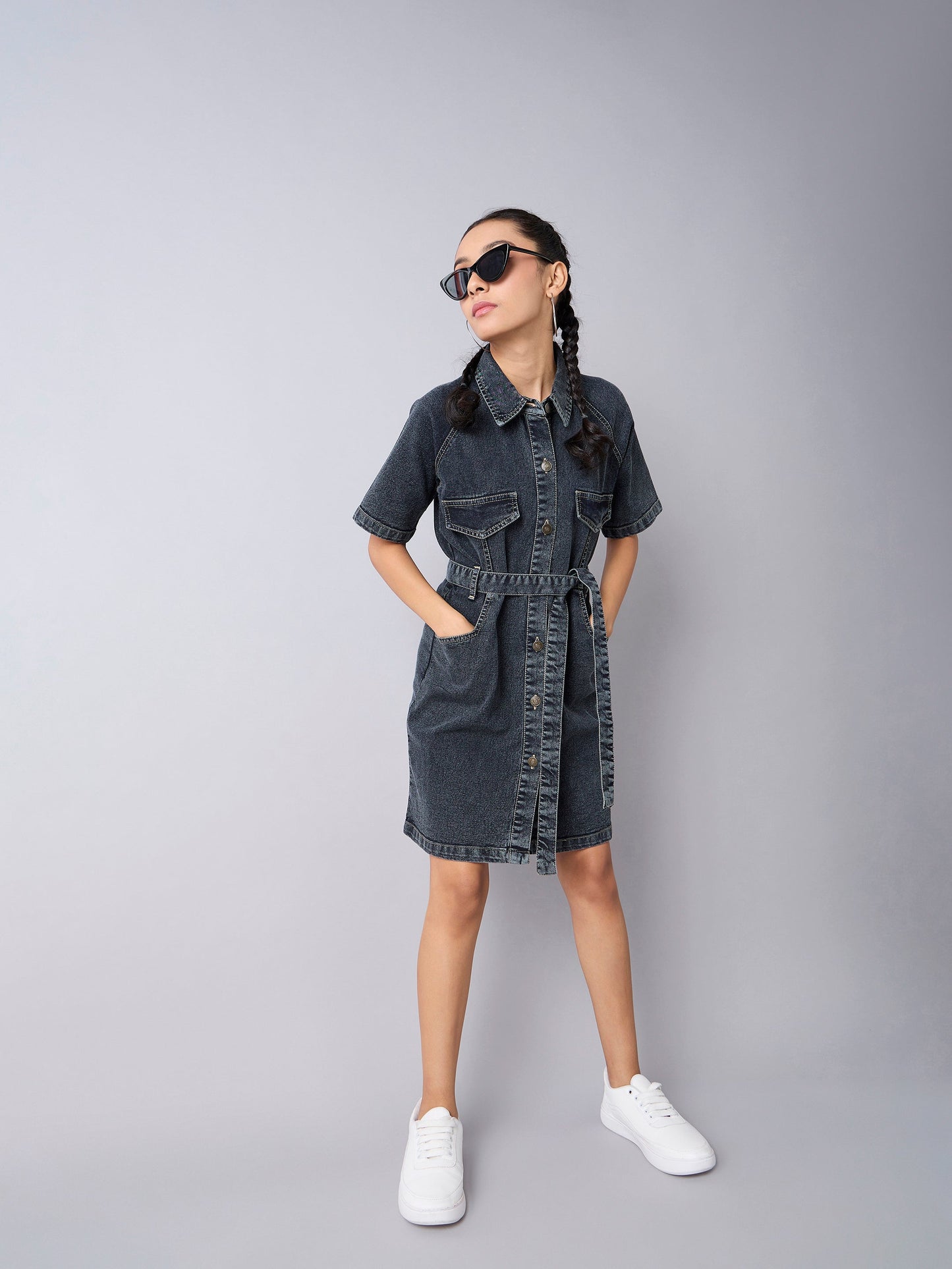Girls Black Acid Wash Denim Shirt Dress
