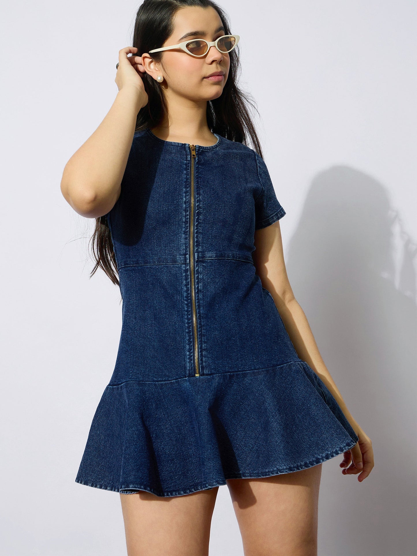 Girls Blue Denim Front Zipper Short Dress