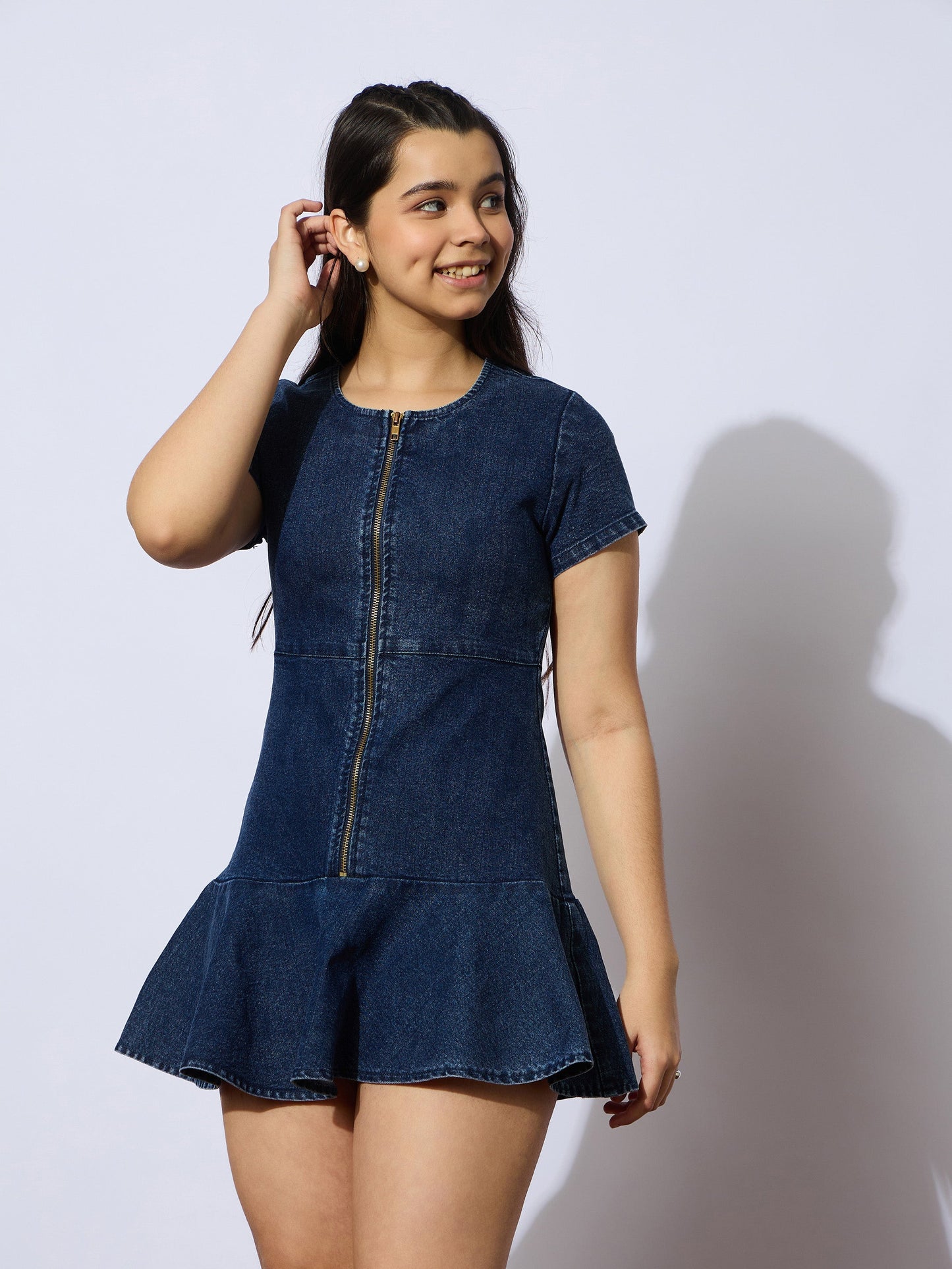Girls Blue Denim Front Zipper Short Dress