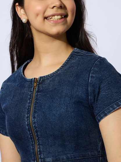 Girls Blue Denim Front Zipper Short Dress