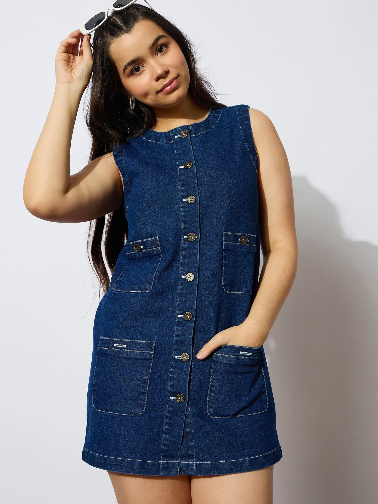 Girls Navy Denim Sleeveless Multi Pocket Short Dress