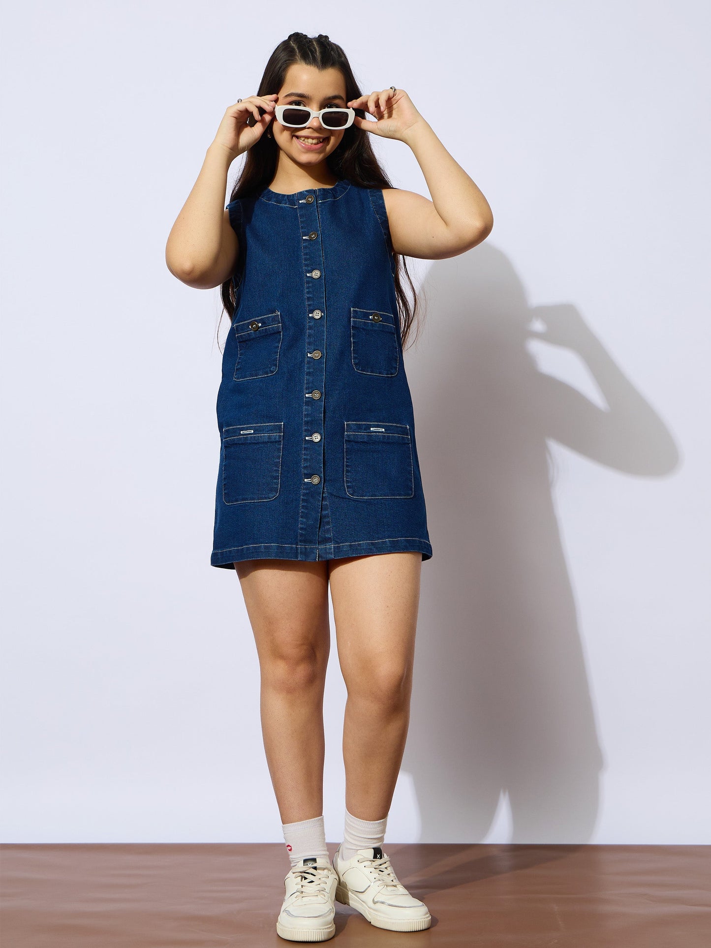 Girls Navy Denim Sleeveless Multi Pocket Short Dress