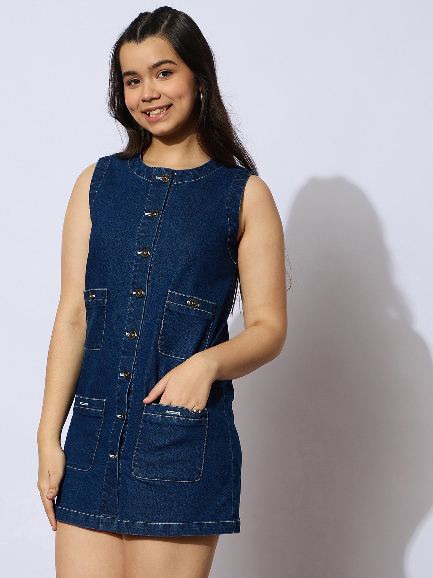 Girls Navy Denim Sleeveless Multi Pocket Short Dress