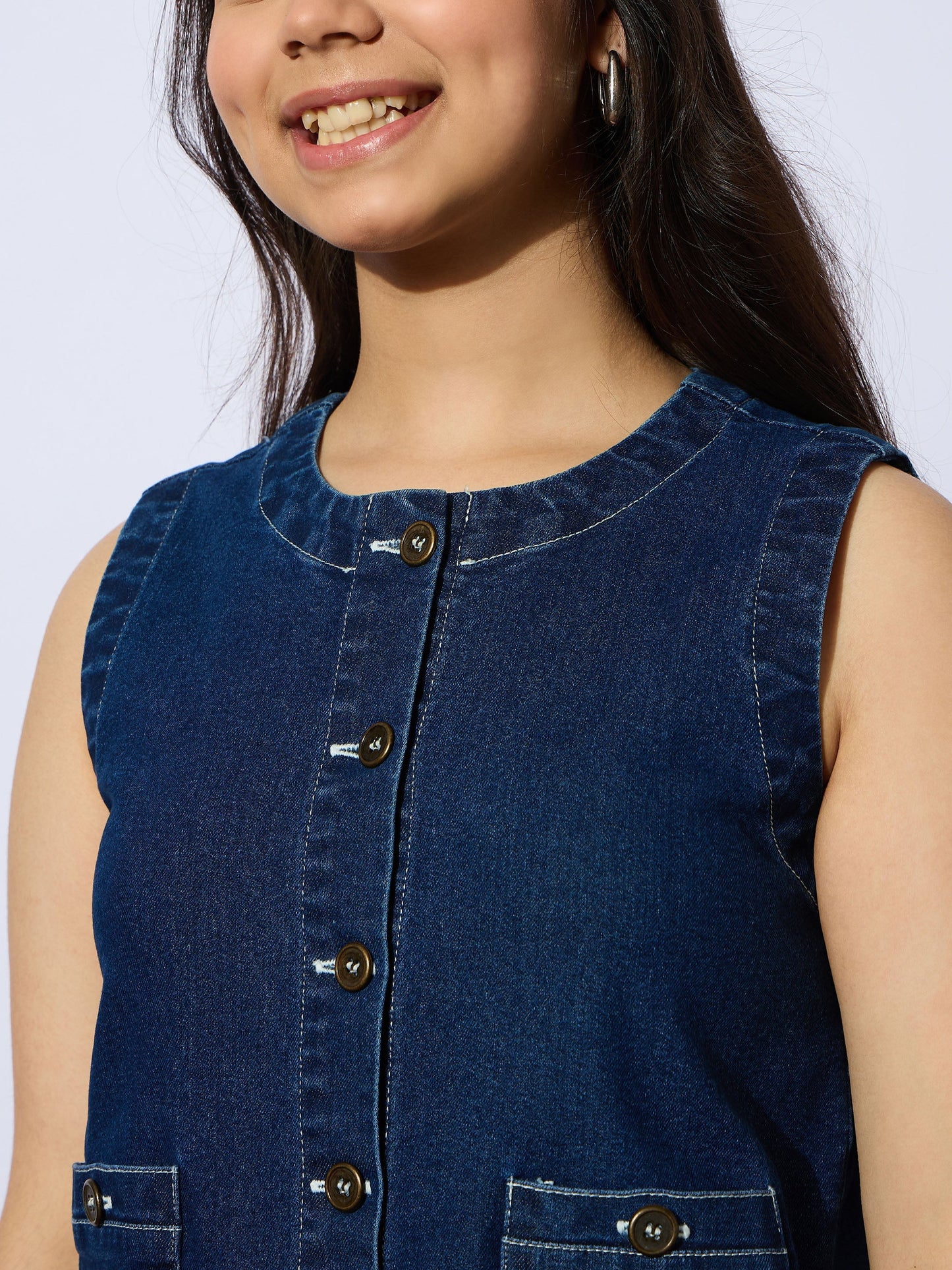 Girls Navy Denim Sleeveless Multi Pocket Short Dress