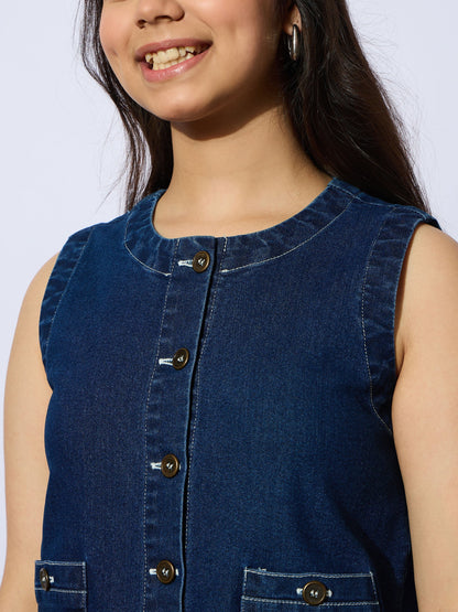 Girls Navy Denim Sleeveless Multi Pocket Short Dress