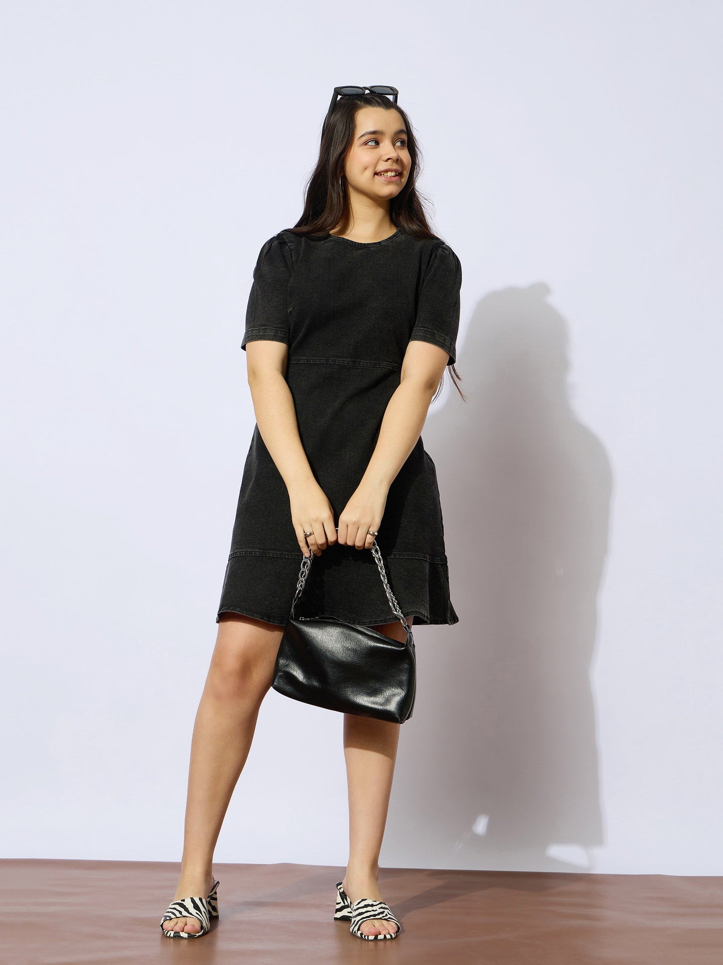 Girls Black Wash Denim Flared Hem Short Dress