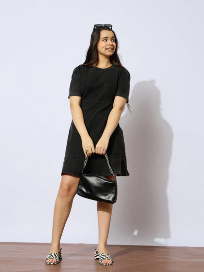 Girls Black Wash Denim Flared Hem Short Dress