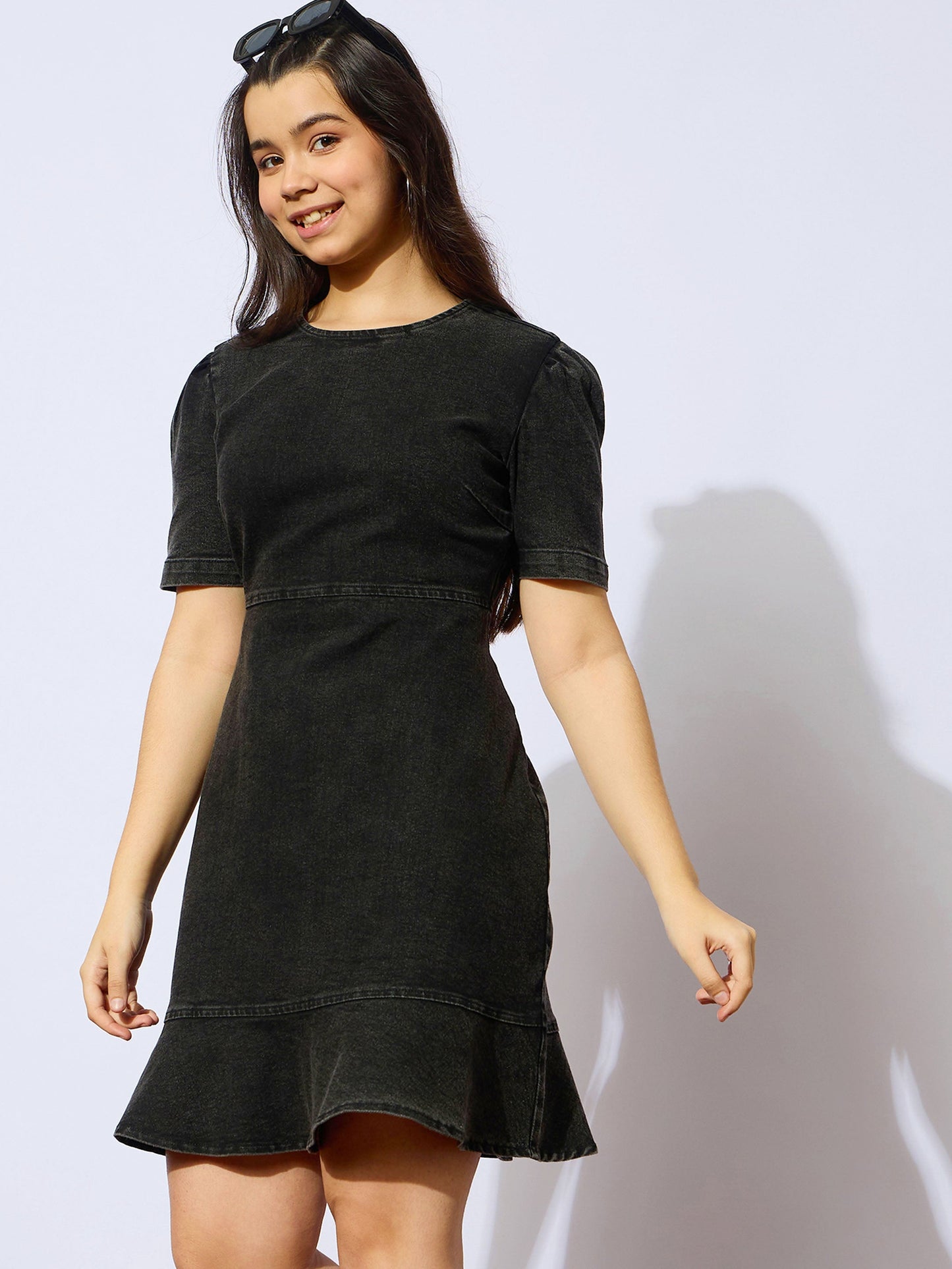 Girls Black Wash Denim Flared Hem Short Dress