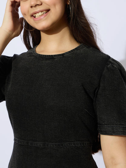 Girls Black Wash Denim Flared Hem Short Dress