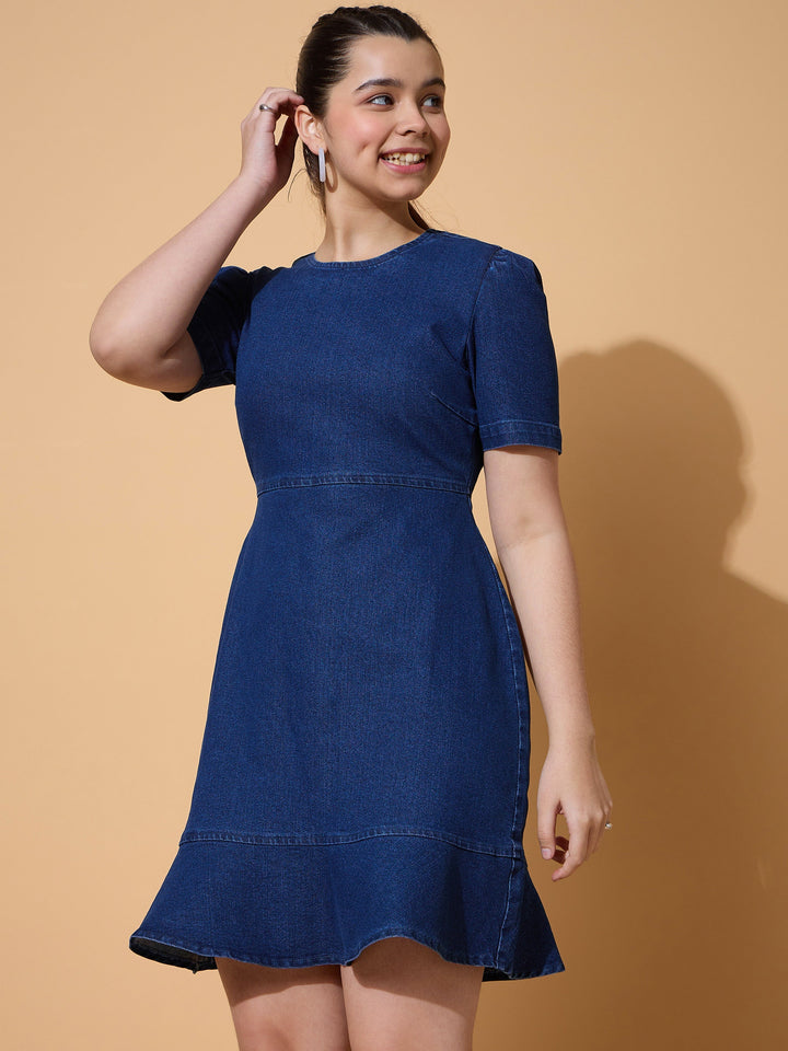 Girls Navy Denim Flared Hem Short Dress