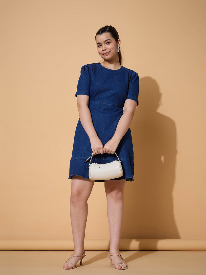 Girls Navy Denim Flared Hem Short Dress